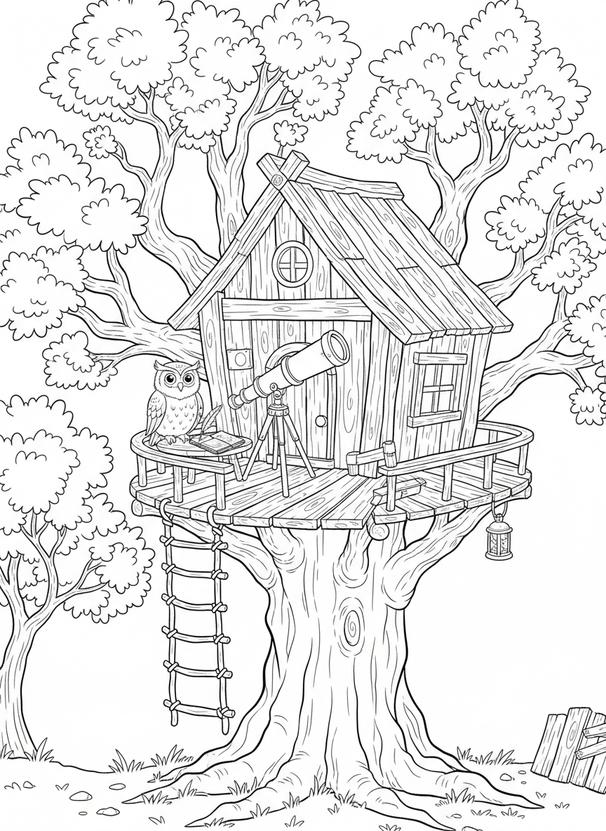 A simple treehouse with a small telescope, a notebook for recording observations, and a friendly owl perched nearby.