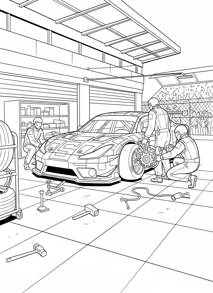 A detailed race car in a pit stop with a crew member holding a tire, tools scattered around, and sponsor decals on the vehicle.
