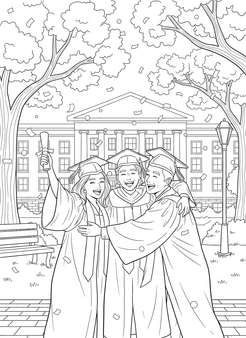 Graduation Day coloring page prompts celebrating achievement, ceremony, pride, and major life milestones.	Friends in graduation attire hugging and celebrating together after the ceremony.