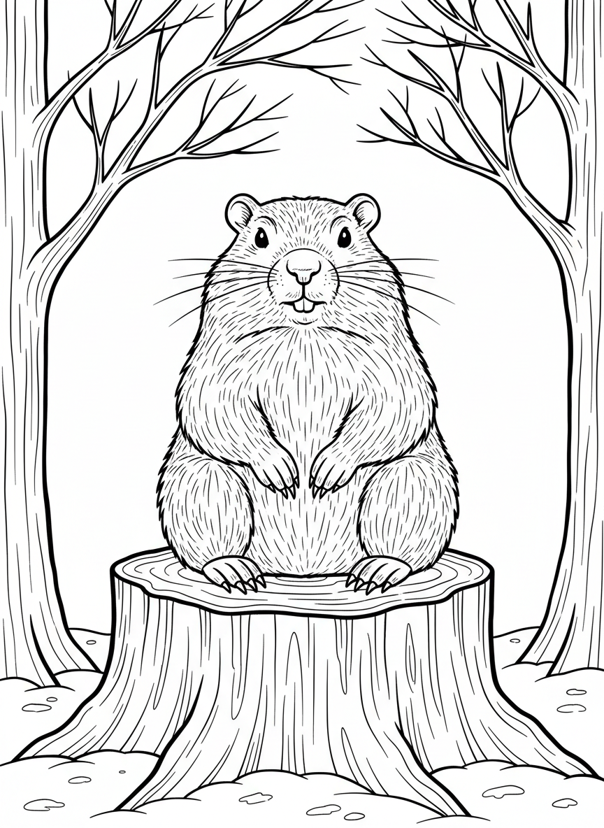A detailed groundhog portrait showing fur texture and whiskers, sitting on a tree stump with winter trees in the background