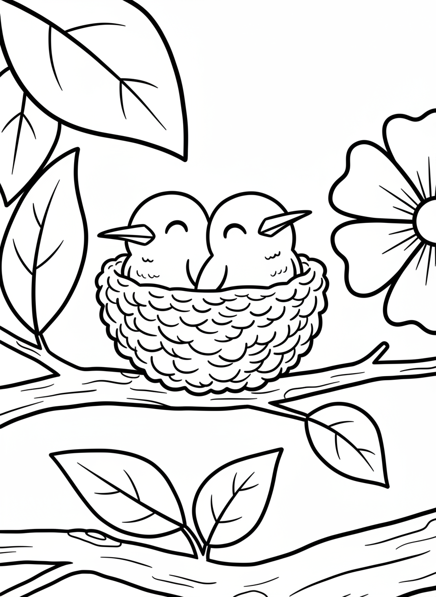 A hummingbird nest on a small branch with two baby hummingbirds peeking out, surrounded by simple leaves and flowers