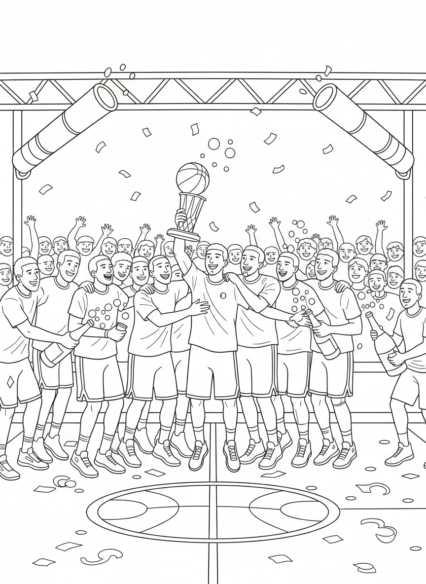 nba finals: A championship trophy ceremony scene with teammates clustered together, champagne bottles waiting, confetti cannons poised overhead as a season’s grind nears its emotional payoff.