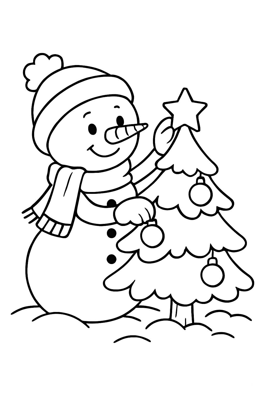 A snowman placing ornaments and a star on a small pine tree covered in snow.