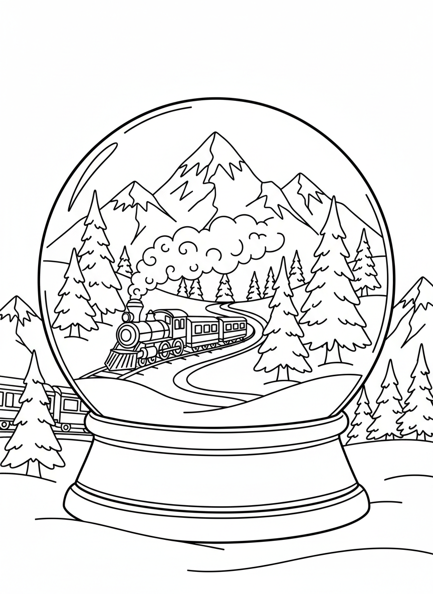 A detailed snow globe with a train chugging through a snowy landscape, puffing steam, with pine trees and mountains in the background.