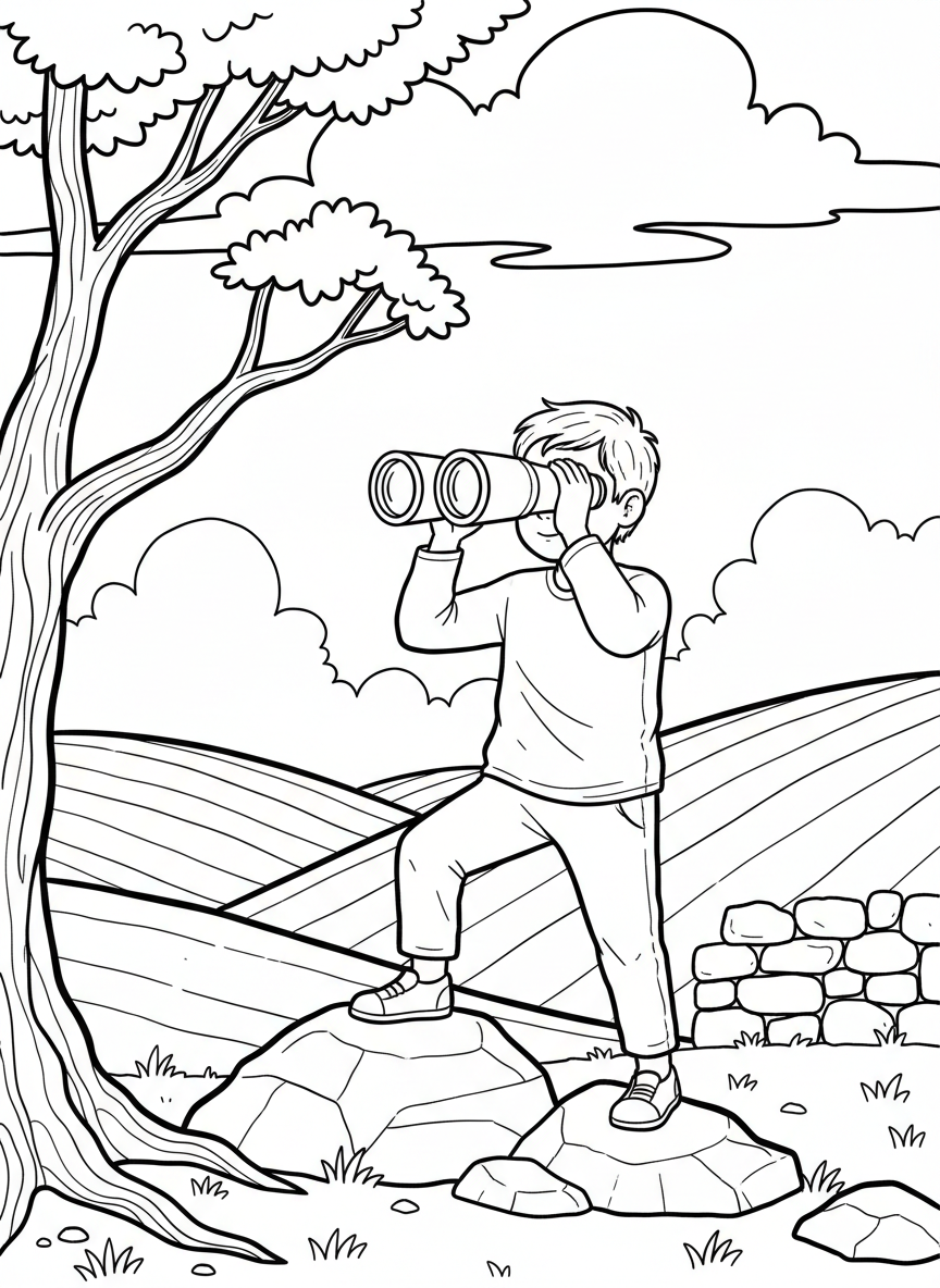 A kid looking through binoculars while standing on a hilltop, with rolling hills and clouds in the distance.