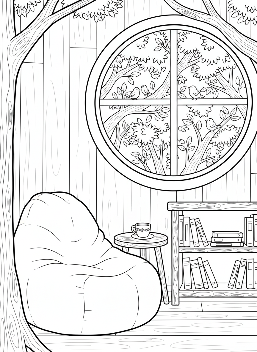 A cozy treehouse reading nook with a bean bag chair, small bookshelf filled with books, and a round window overlooking forest branches.