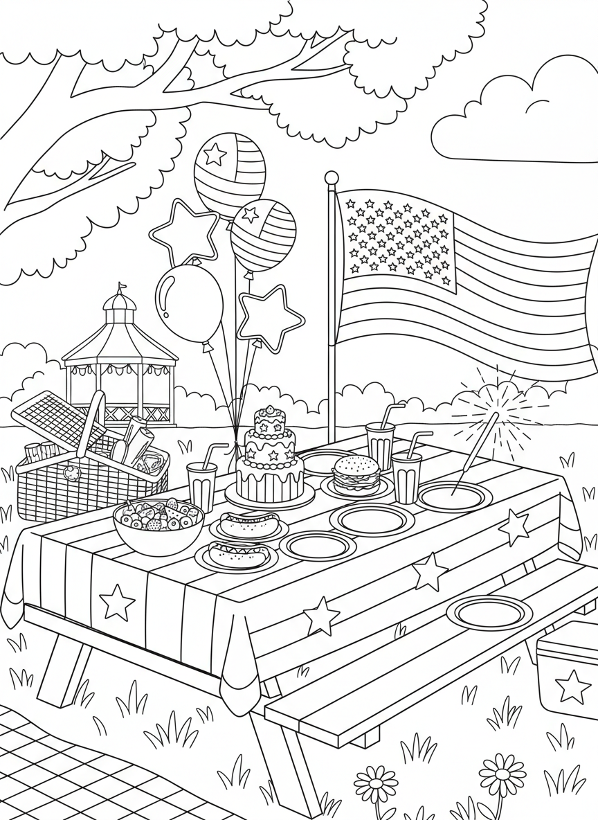 Fourth of July Picnic coloring page prompts capturing summer gatherings, patriotic colors, and relaxed outdoor celebrations.	A picnic table decorated with simple patriotic touches, food arranged neatly and ready to share.