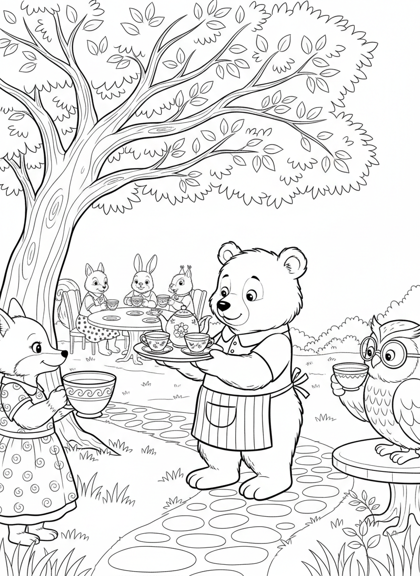 A bear cub carefully balancing a tray with teacups and a teapot, serving guests at the party