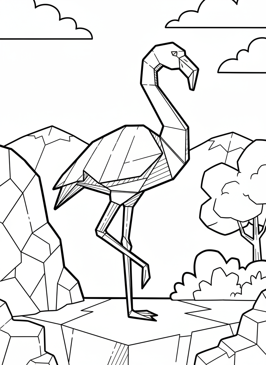 A simple origami flamingo standing on one geometric leg with folded wings tucked at its side and a curved neck