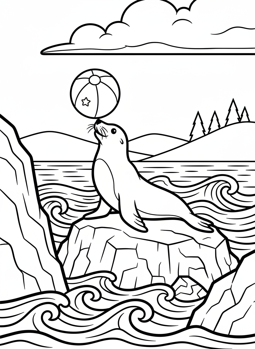 A playful seal balancing a beach ball on its nose while sitting on a rock