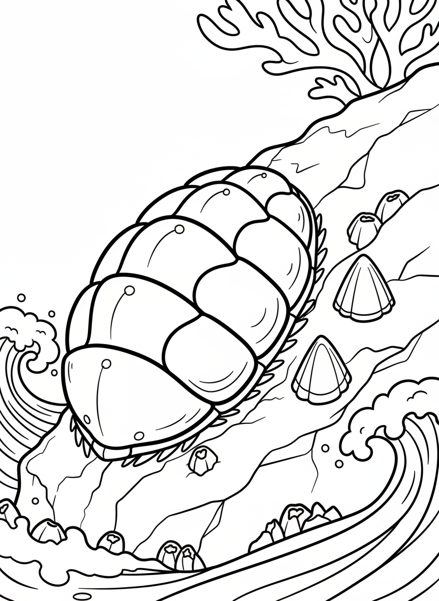 A chiton with its eight overlapping shell plates clinging to a rock beside two cone-shaped limpets