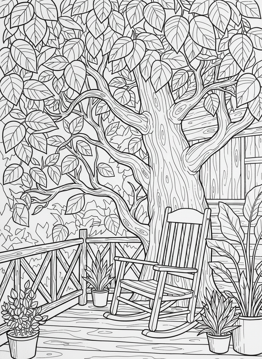 Outdoor treehouse deck with a rocking chair, potted plants, and a railing overlooking tree branches and leaves.