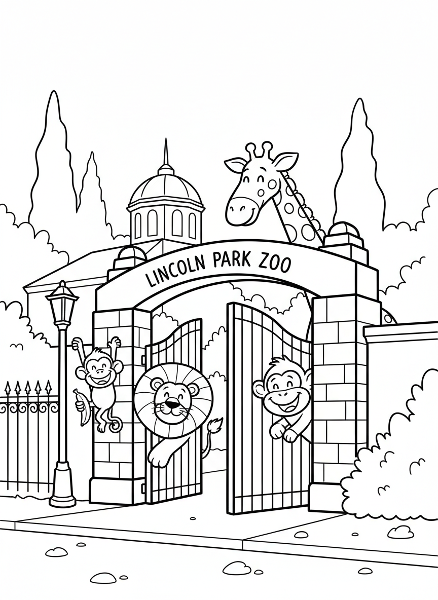 Lincoln Park Zoo entrance with friendly cartoon animals peeking out, including a lion, giraffe, and monkey