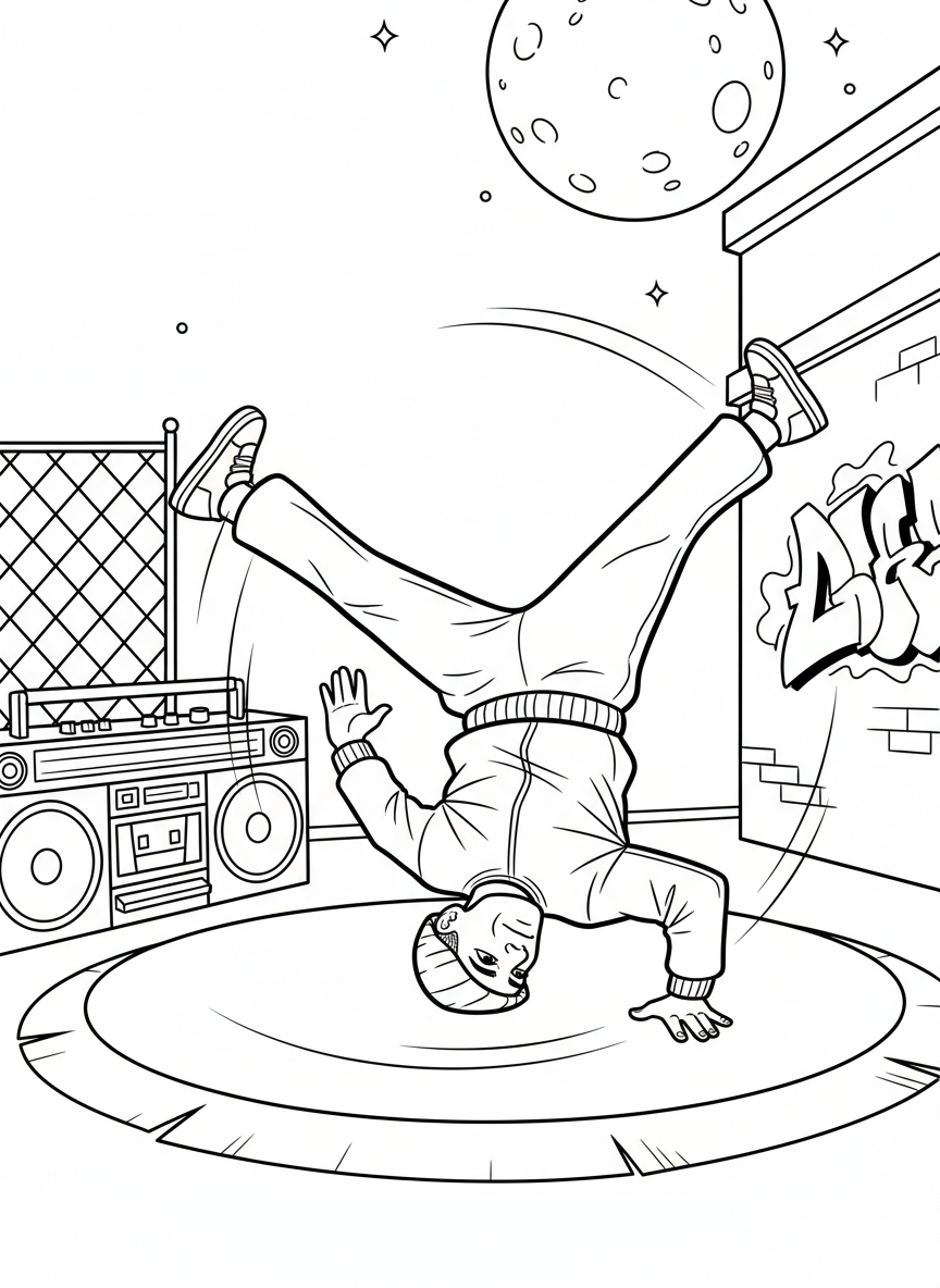 A breakdancer doing a windmill spin move on the ground, with a boombox nearby.