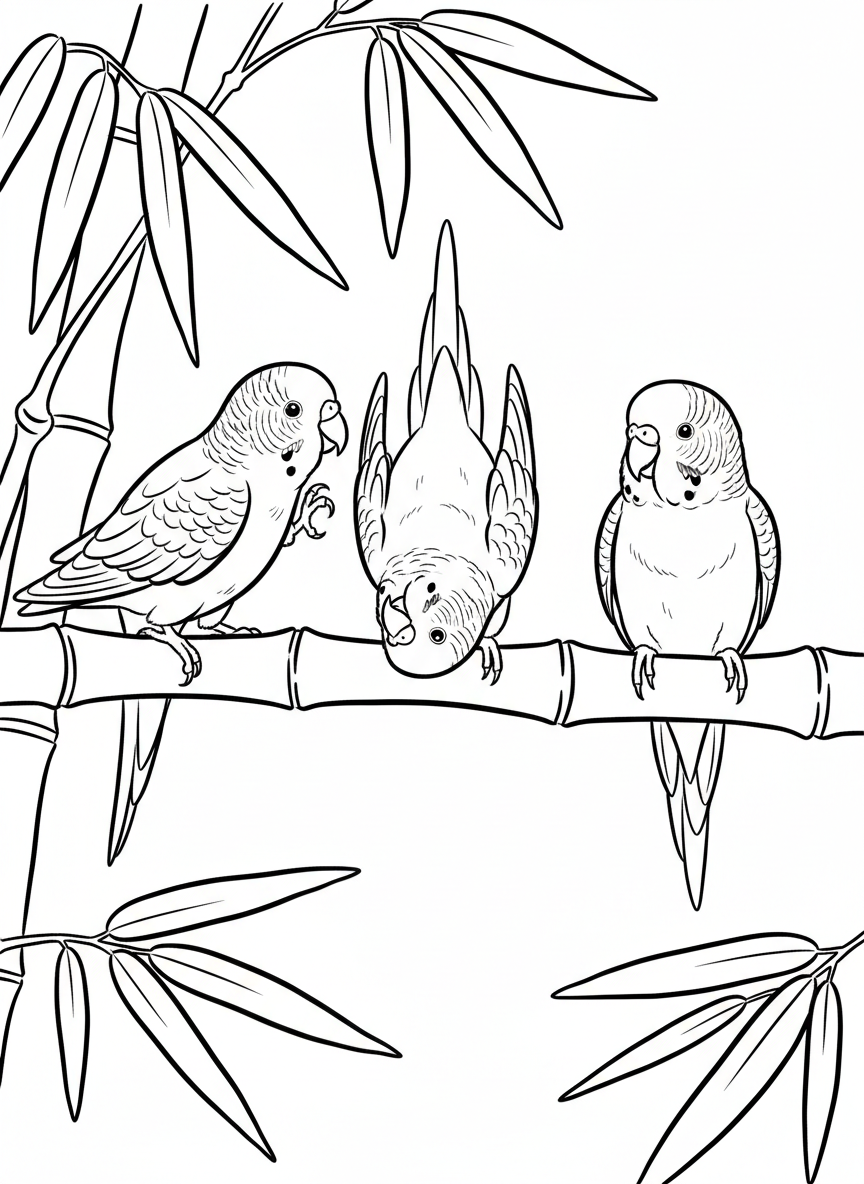A group of three small parakeets sitting in a row on a bamboo branch, each with different playful poses.