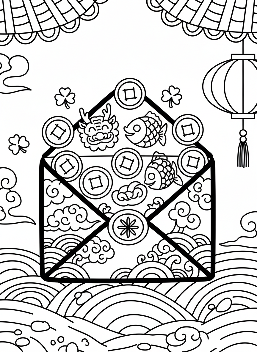 A decorative envelope with lucky symbols and coins spilling out, simple composition for young children