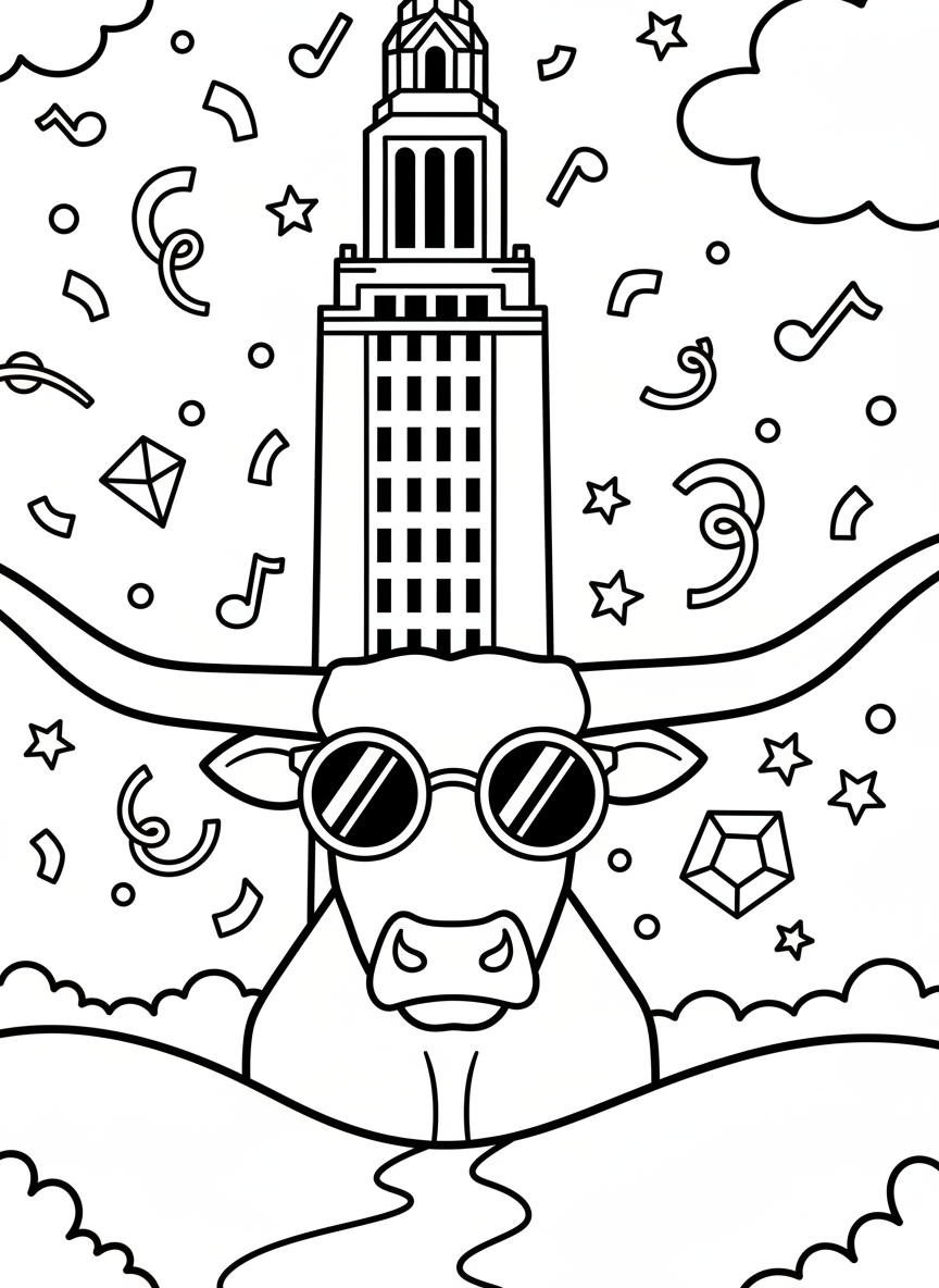 A longhorn steer wearing sunglasses standing in front of the University of Texas tower, playful and fun composition