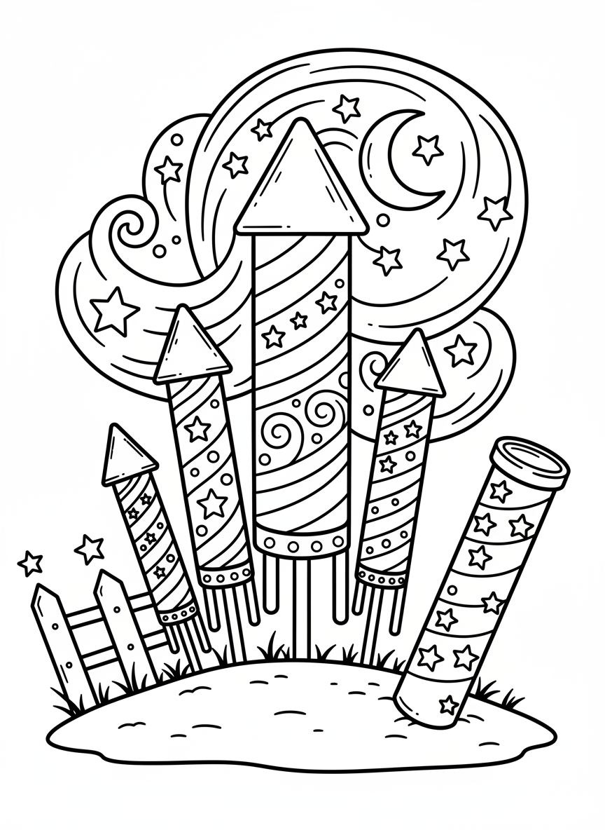 Firework rockets standing upright ready to launch, with star decorations and swirling patriotic patterns around them