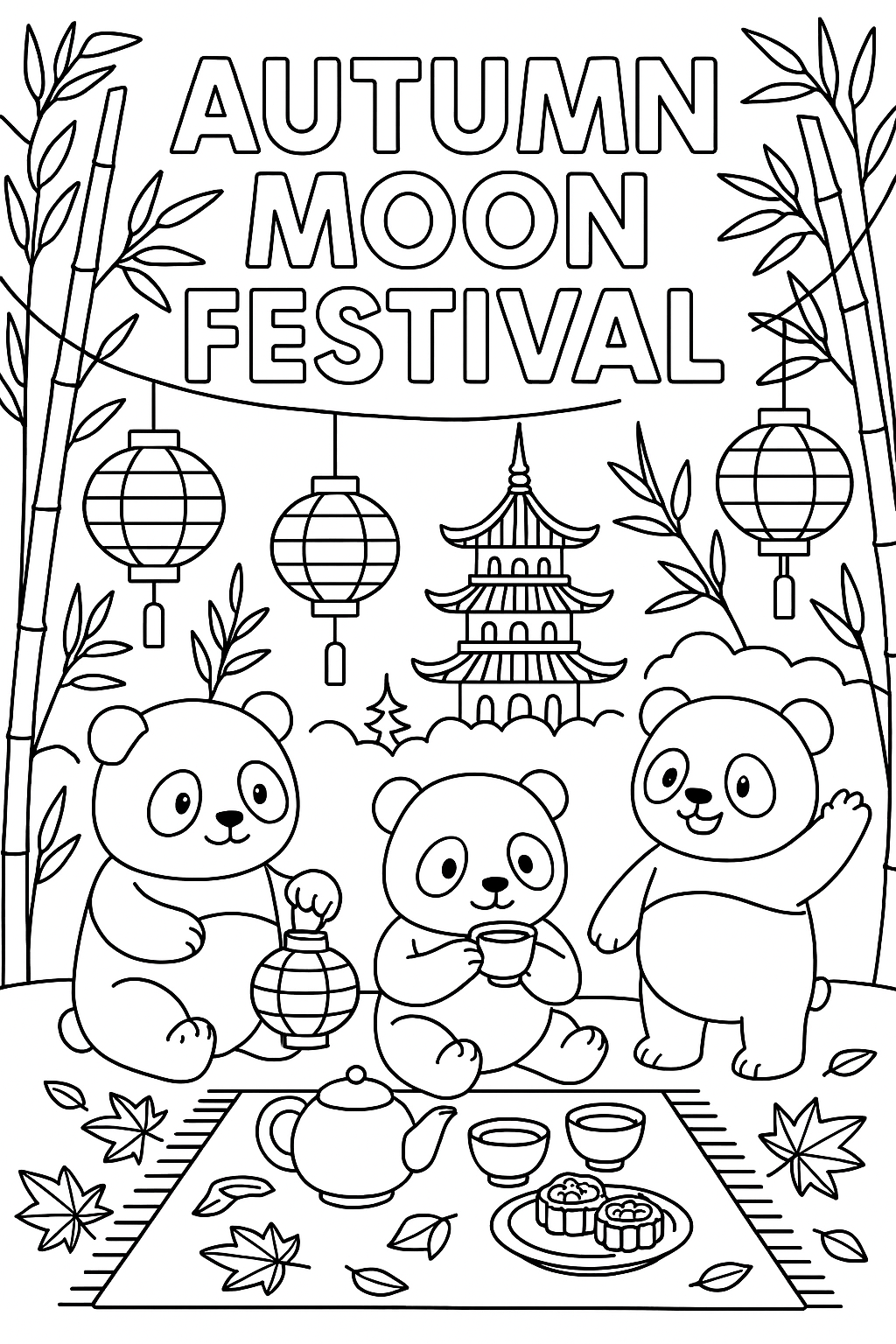 Pandas in bamboo forest celebrating autumn moon festival, paper lanterns hanging from trees, tea ceremony setup on mat, origami leaves scattered around, pagoda in background