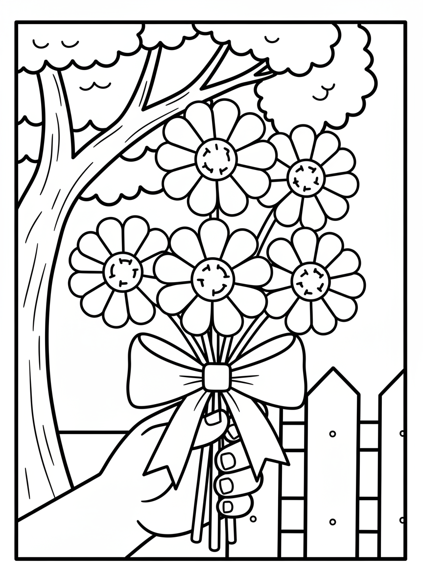 An origami daisy bouquet with five flowers tied together, each showing simple petal shapes and circular centers, easy design for young children.
