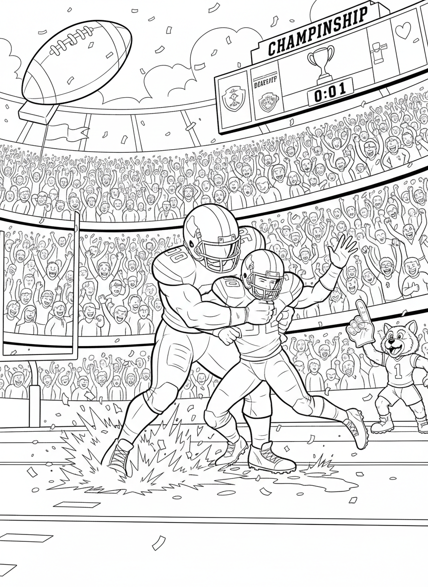 College Football Playoff coloring page prompts capturing tradition, rivalry, pageantry, and high-stakes championship football moments.	A defense in the backfield and turf flying as the quarterback is wrapped up and the stadium is very happy with noise.