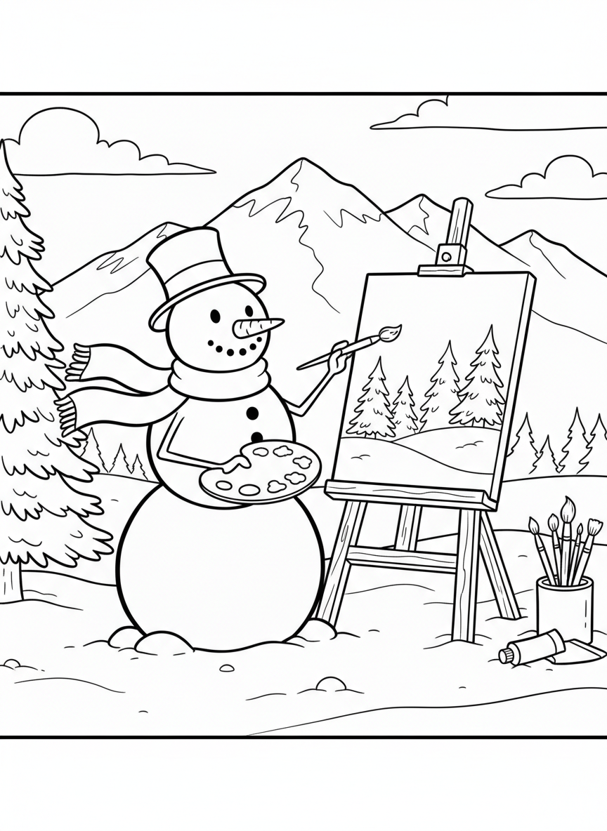 A snowman artist painting on an easel outdoors, holding a paintbrush and palette, creating a winter landscape scene on the canvas.