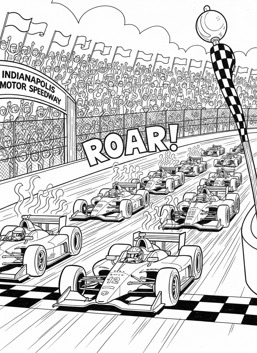 Indy 500 coloring page prompts capturing speed, tradition, roaring engines, packed grandstands, and legendary race moments.	Race cars accelerating hard off the starting line, engines roaring in unison as the famous oval fills with sound, motion, and anticipation.
