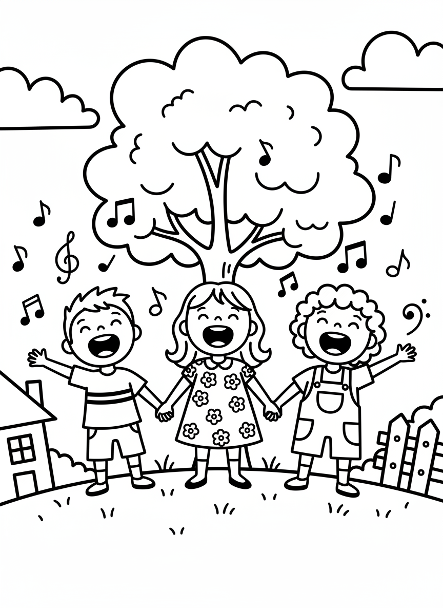 Three children holding hands and singing together with their mouths open, musical notes floating above their heads in a joyful scene.