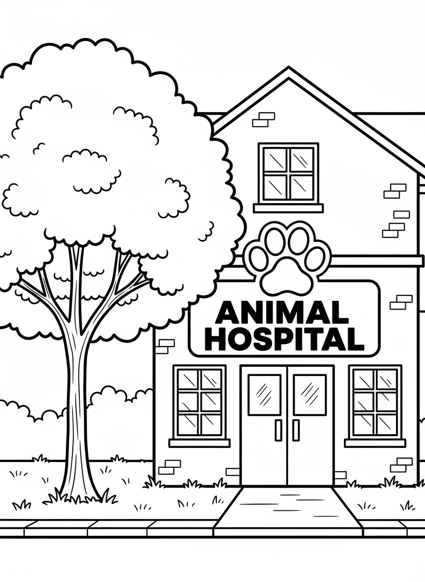 An animal hospital building exterior with a large paw print sign, front door, windows, and a tree beside it