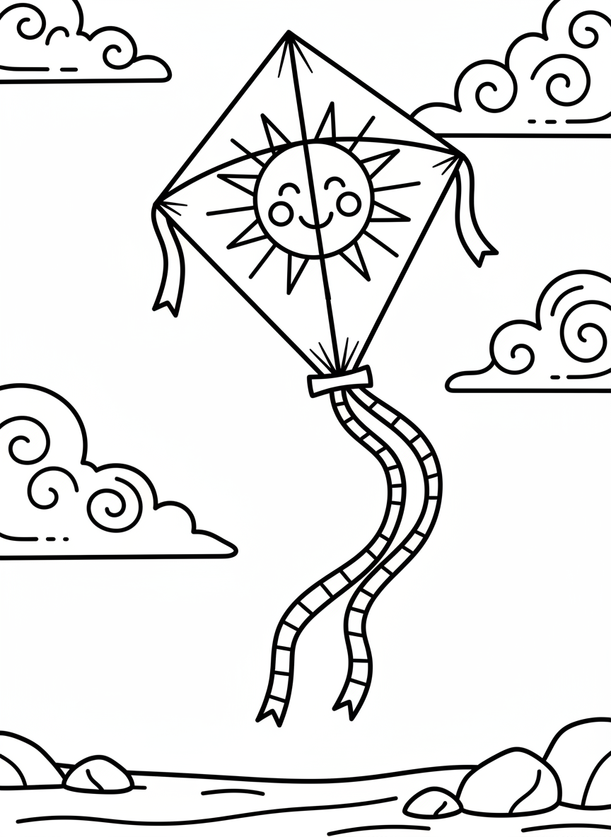 A large diamond-shaped kite with a smiling sun face flying high in the sky, with long ribbon tails streaming behind it and fluffy clouds in the background.