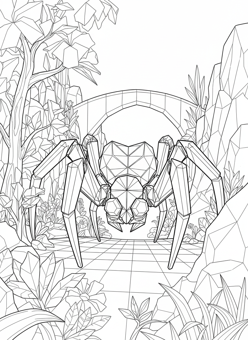 A complex origami spider robot with eight angular legs, geometric body segments, and symmetrical design for older kids