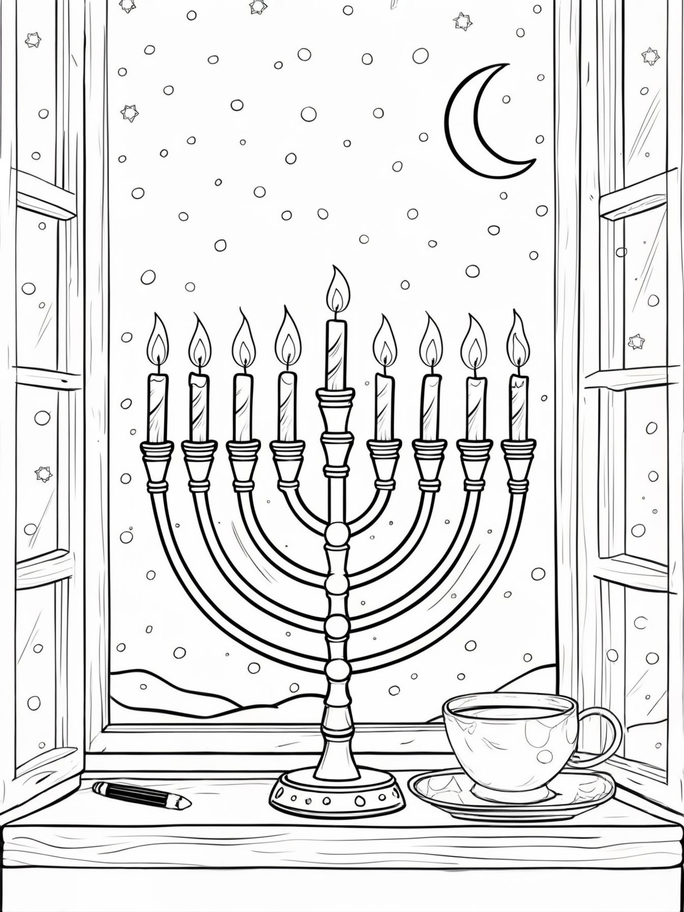 Menorah in the Window: A beautiful nine-branched menorah, with all its candles lit, sitting on a windowsill. Outside the window, you can see falling snow and a crescent moon.