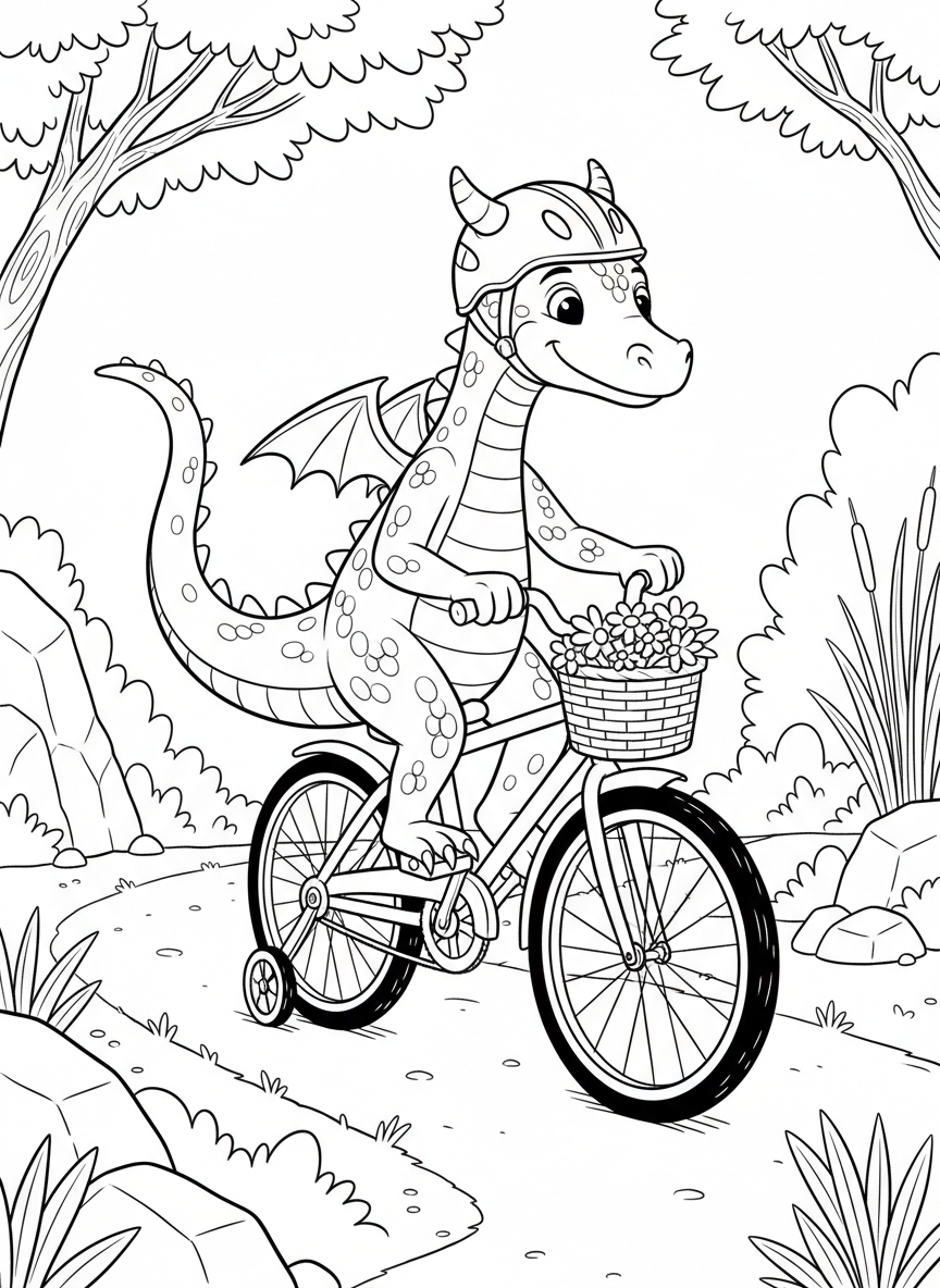 A dragon riding a bicycle with training wheels down a path, with a basket on the front