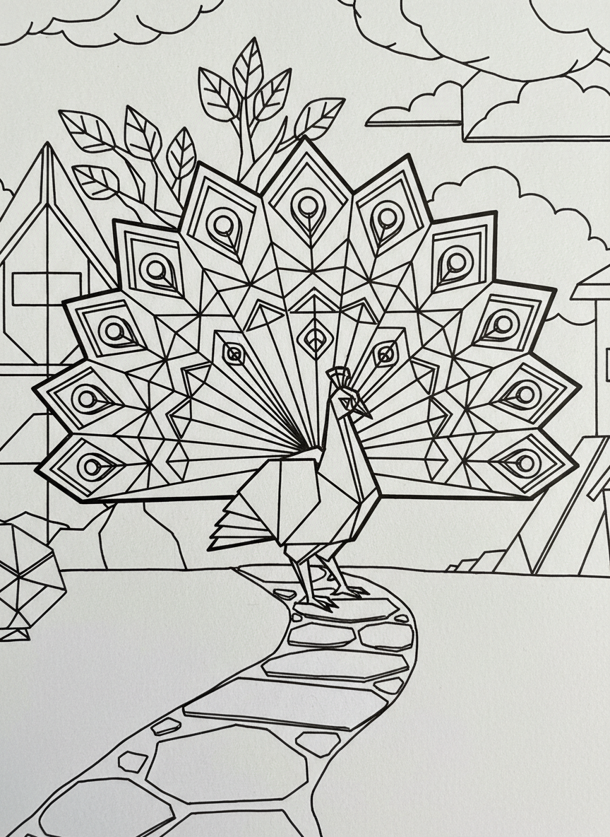 An origami peacock with an elaborate fan-shaped tail featuring geometric patterns, standing proudly with angular body and decorative fold lines.