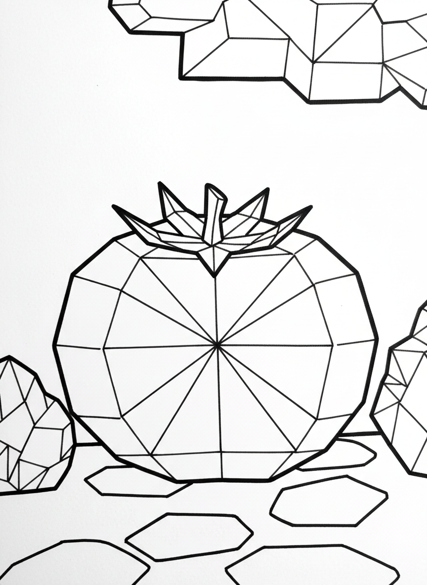An origami tomato with radial paper fold lines from center, small origami leaves attached to stem area, round geometric shape