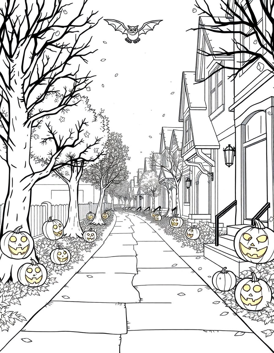 A quiet Halloween street lit by jack-o’-lanterns on every doorstep. Trees with falling leaves line the sidewalk. A bat and an owl watch from above.