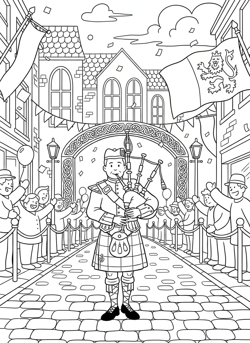 A bagpipe player in traditional Scottish-Irish attire leading a parade procession down a decorated street.
