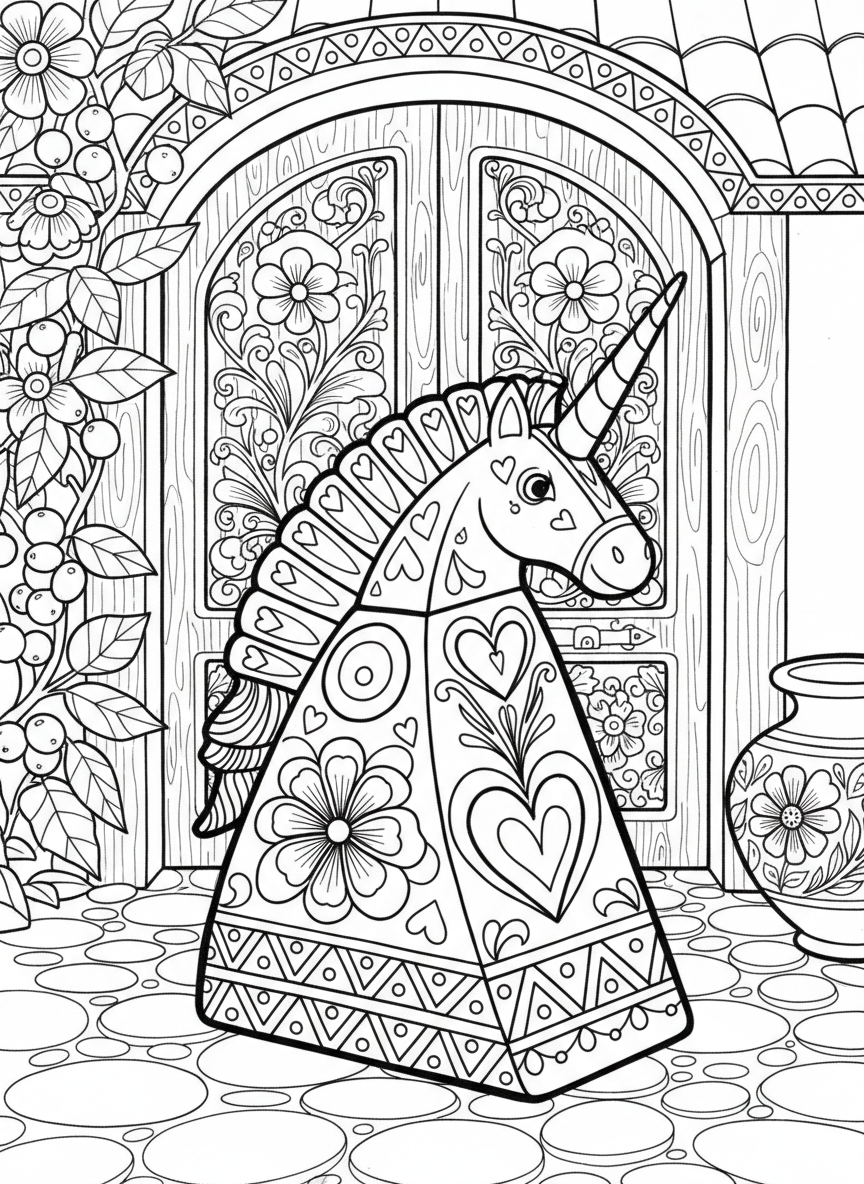 A decorative unicorn doorstop with folk art patterns like hearts and flowers, wedge-shaped pottery design