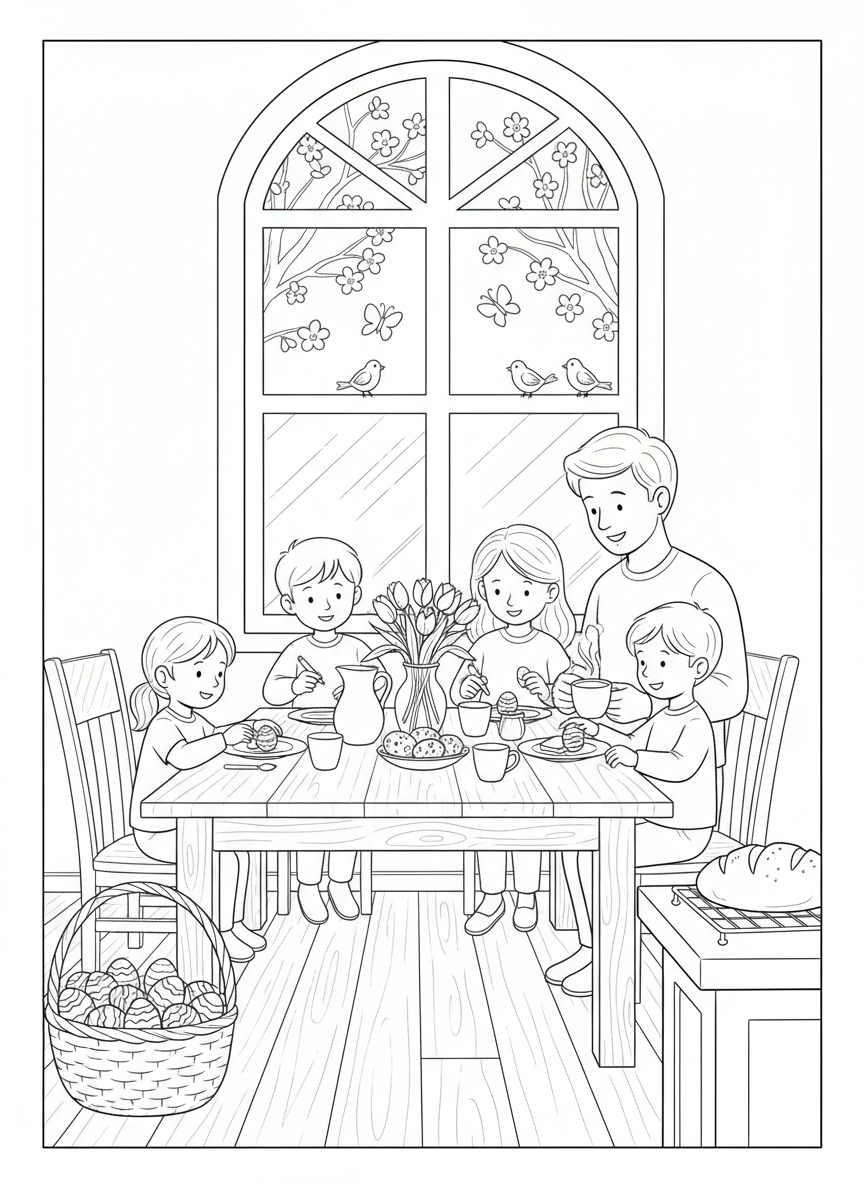 Easter Sunday Morning coloring page prompts capturing calm beginnings, family traditions, and fresh spring light.	A peaceful kitchen scene with warm light and simple preparations underway.
