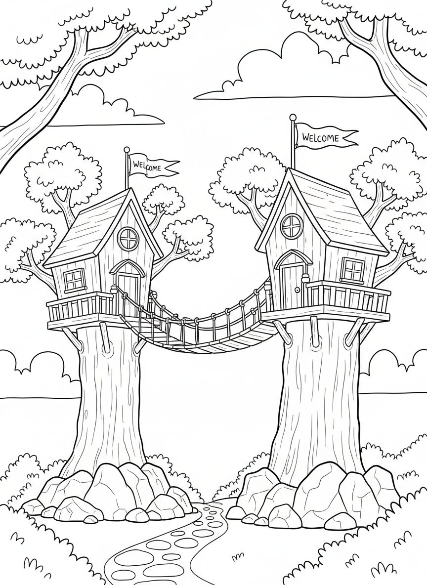Twin treehouses connected by a sturdy wooden bridge with rope railings, a welcome flag on each house, clouds in the sky