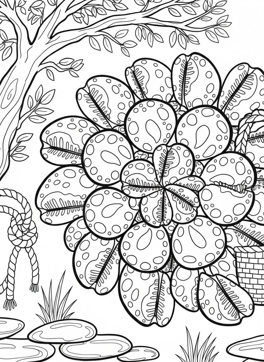 A collection of cowrie shells with spotted patterns arranged in a circular design, perfect for detailed coloring.