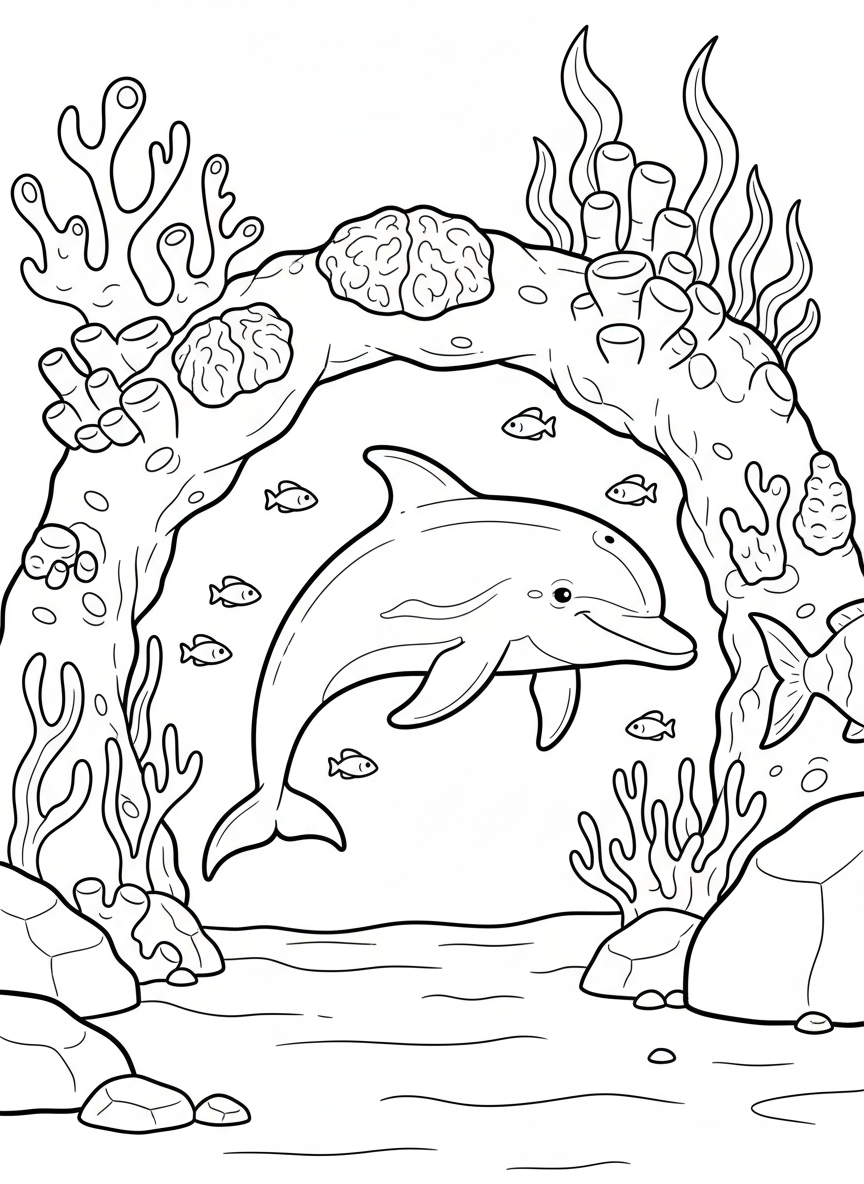 A playful dolphin swimming through an underwater arch made of coral, with small fish darting around