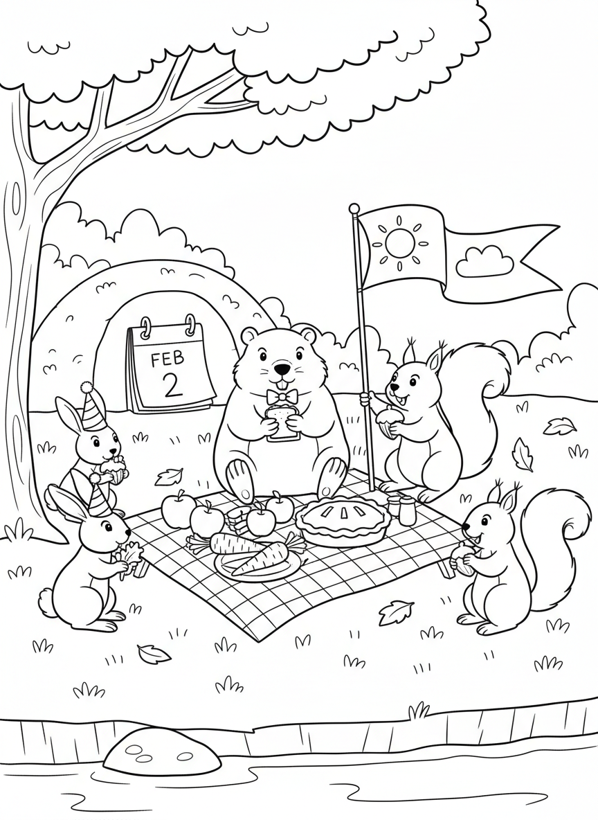 A groundhog having a picnic with woodland friends like rabbits and squirrels, celebrating Groundhog Day together