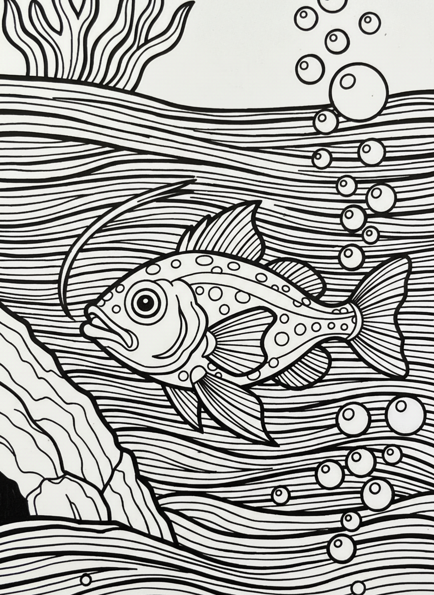 A lanternfish with rows of glowing spots along its sides, swimming through dark water with bubbles floating around it.