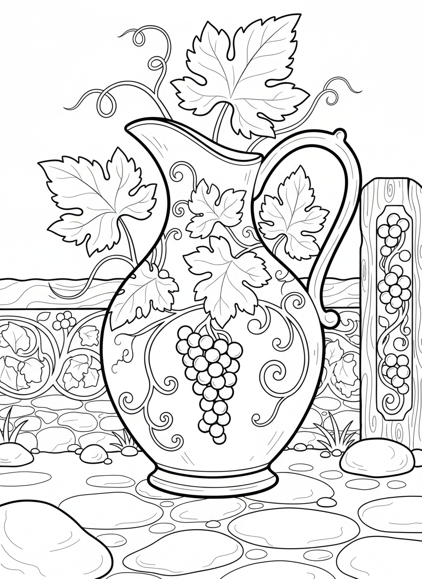 A beautiful glazed pitcher with handle and spout, decorated with vine and berry patterns all around.