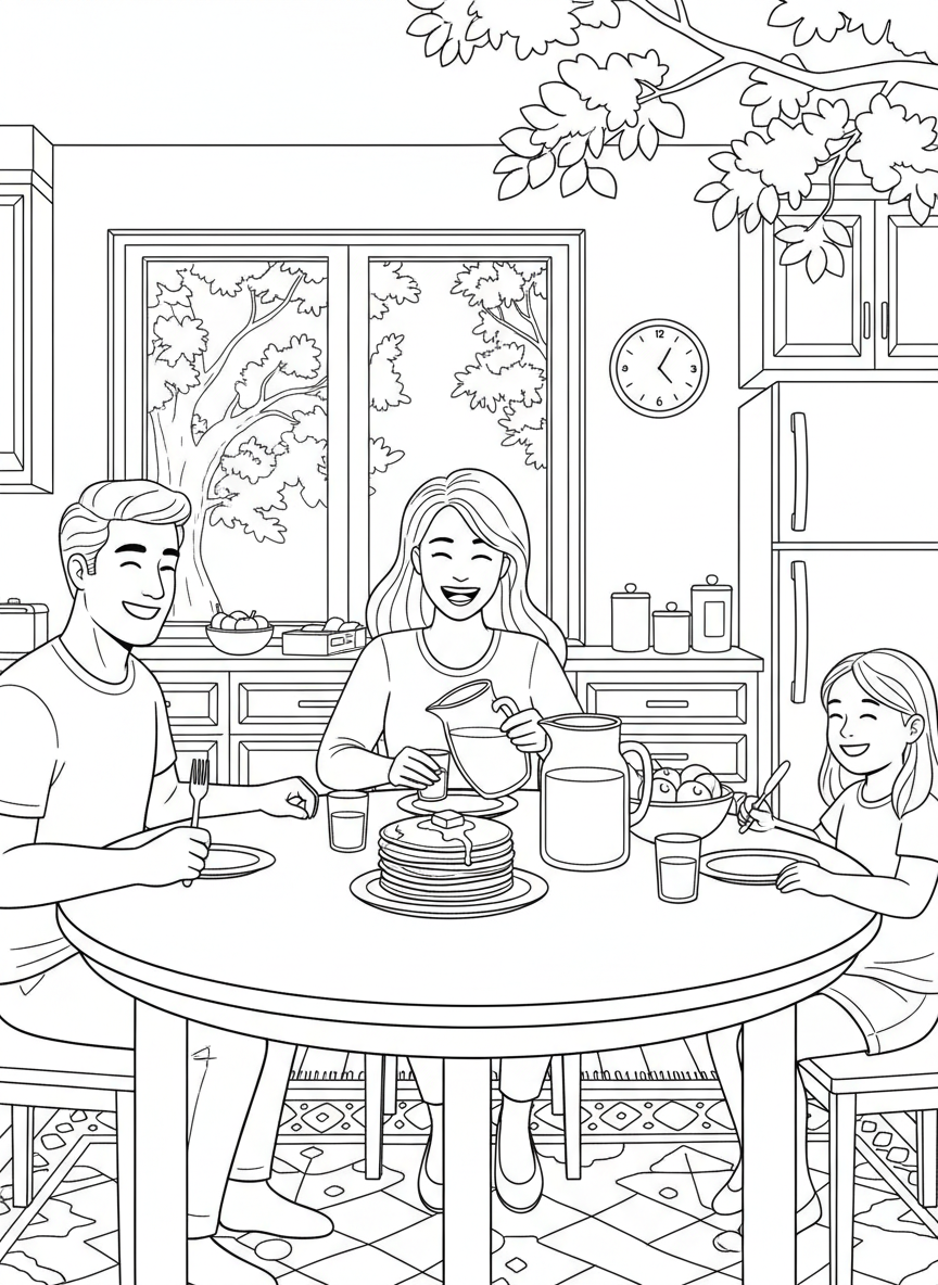 A family having breakfast together at the kitchen table, with pancakes, juice, and everyone sitting around smiling.