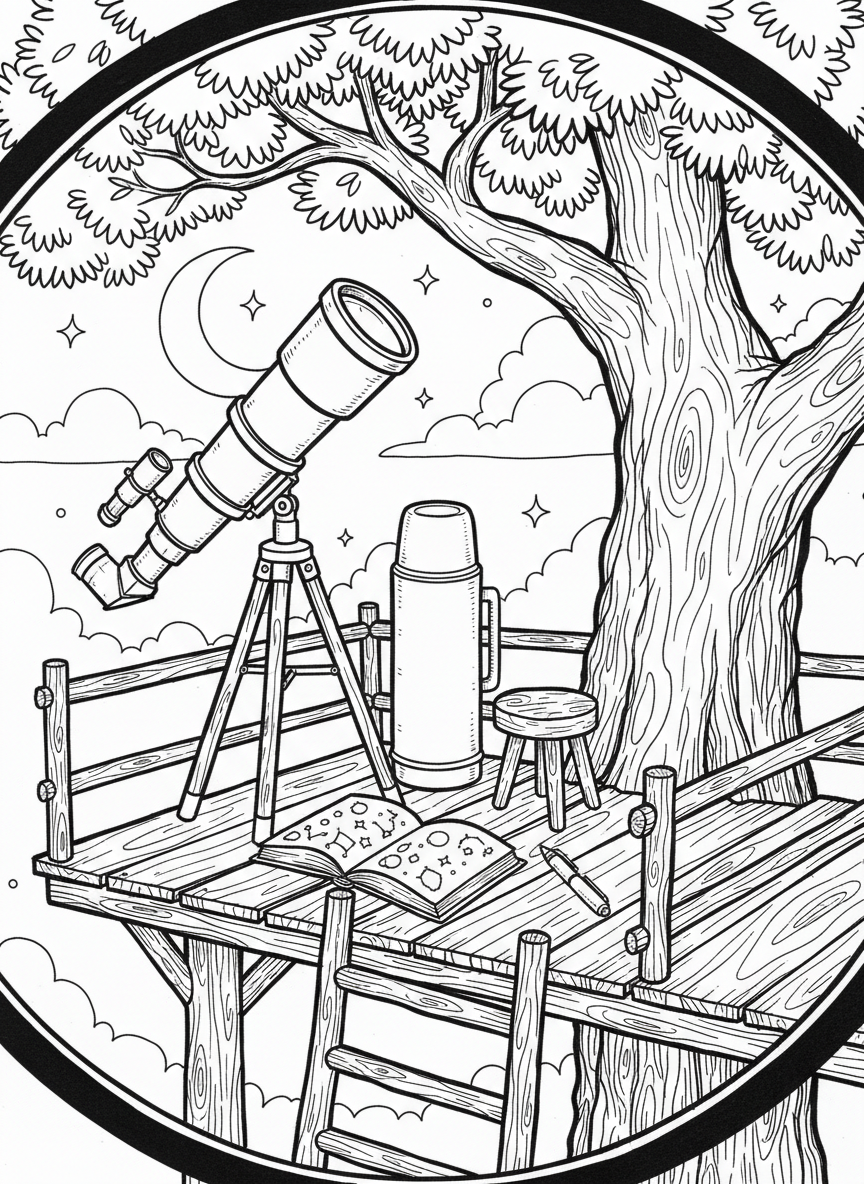 Simple treehouse platform with a tripod-mounted telescope, a thermos of hot cocoa, and a journal for sketching celestial observations.