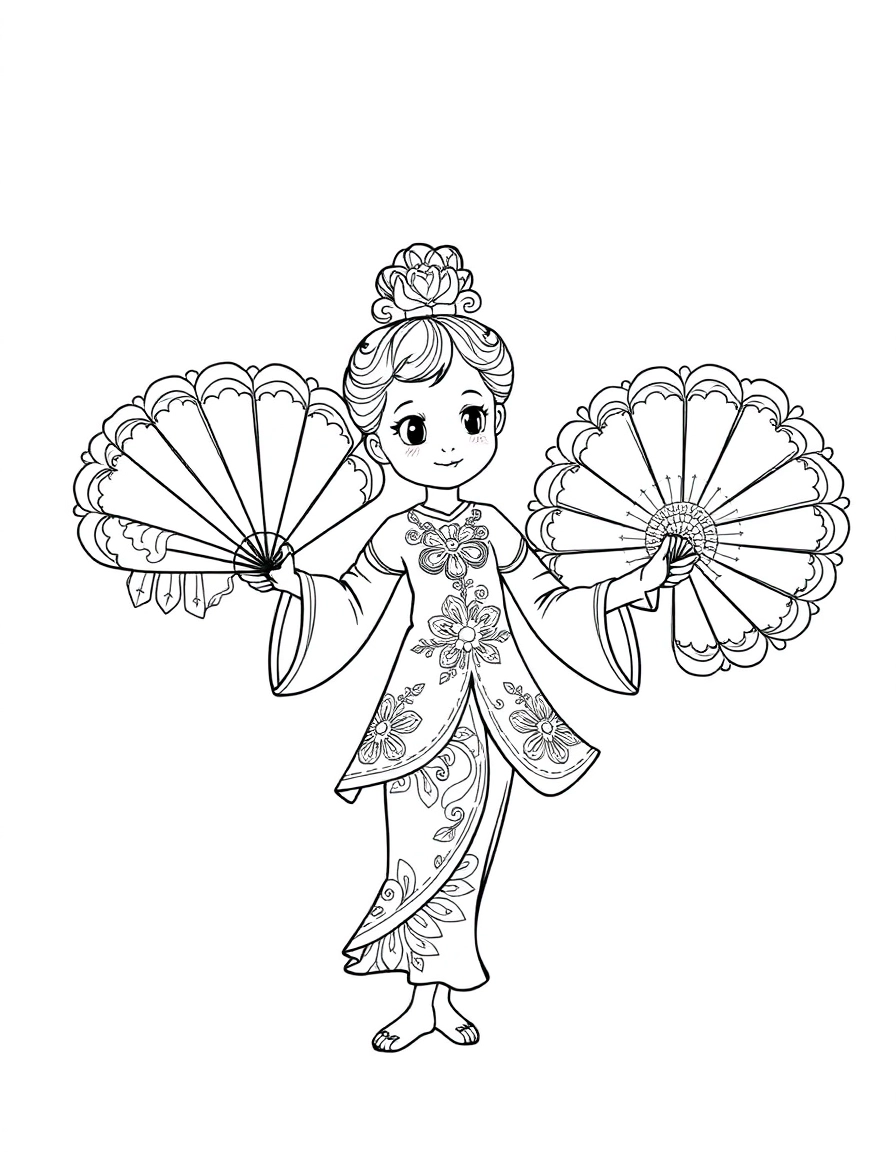 Fan Dance: A character holding two large, decorative fans with floral patterns, striking a graceful pose.