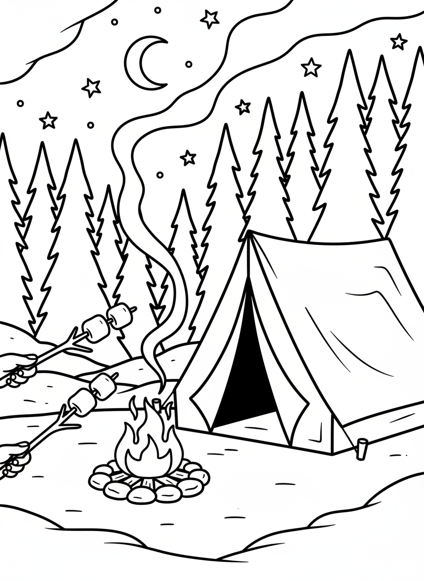 A camping scene with a tent, campfire, marshmallows on sticks, and trees under a starry sky for weekend relaxation.