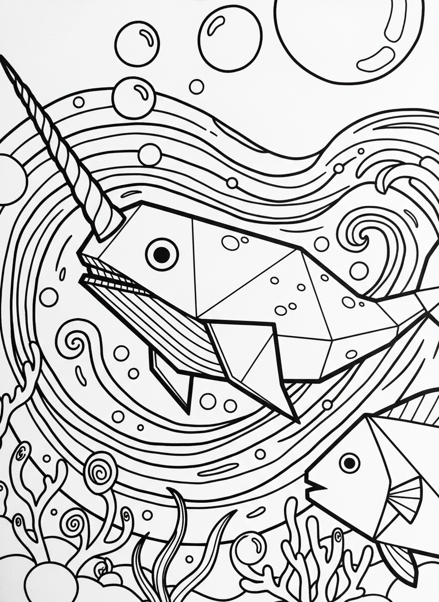 An origami narwhal with spiral horn, showing geometric body folds and whimsical underwater scene with paper bubbles